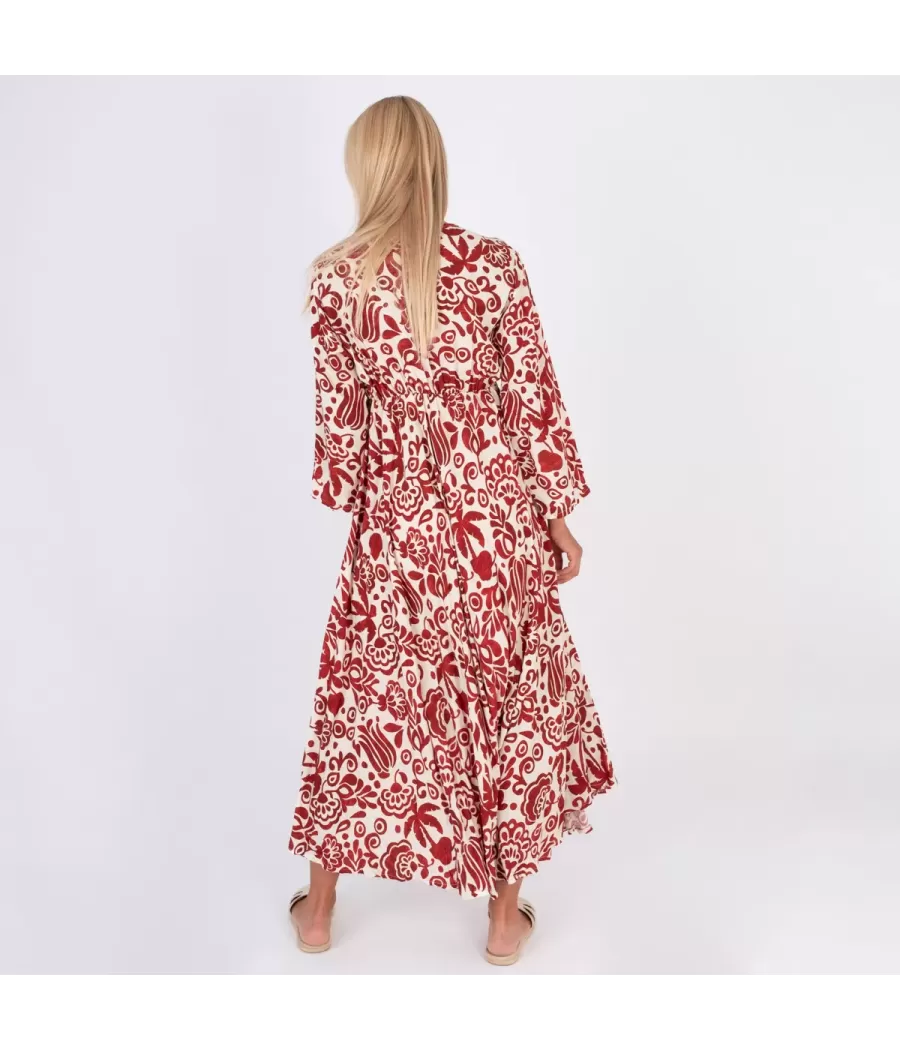 Silvia bordeauxrode pioenroos maxi jurk - Robes femme | Kiwi Saint Tropez