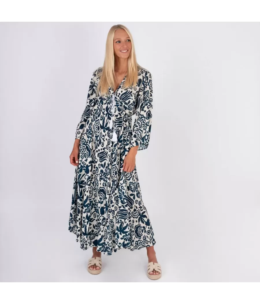 Robe femme longue Silvia pivoine marine - Robes femme | Kiwi Saint Tropez