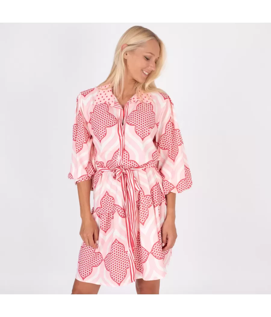 Damesjurk met lange mouwen in Vicky frambozen layetteprint - Robes femme | Kiwi Saint Tropez