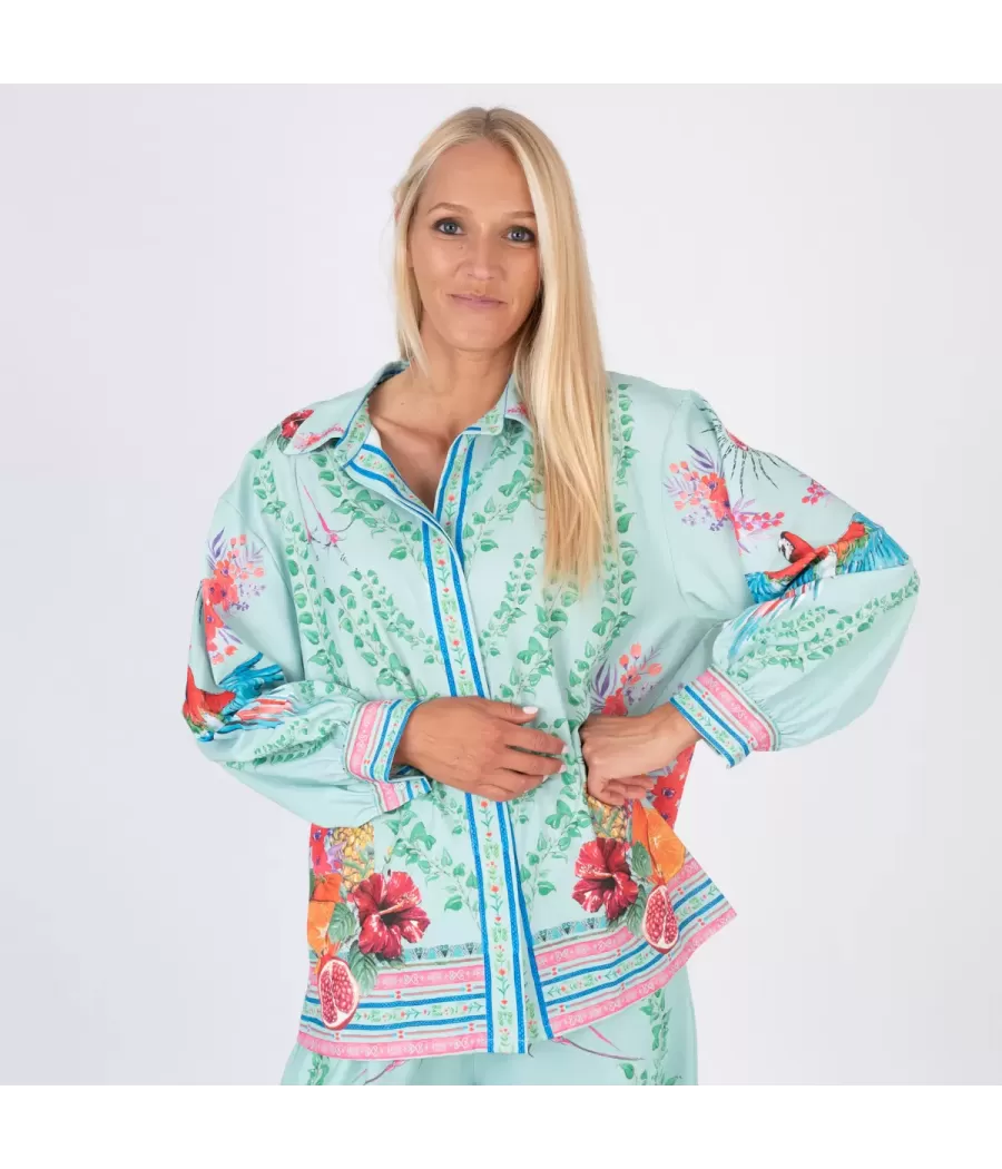 Vicky aqua-fushia bedrukt shirt met lange mouwen voor dames - Chemises femme | Kiwi Saint Tropez