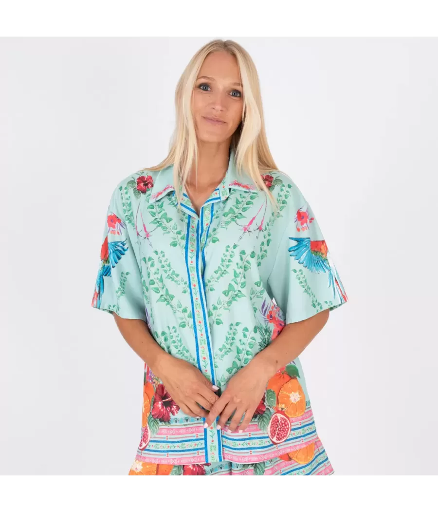 Chemise femme manches courtes imprimé Vicky aqua-fushia - Shirts women  | Kiwi Saint Tropez