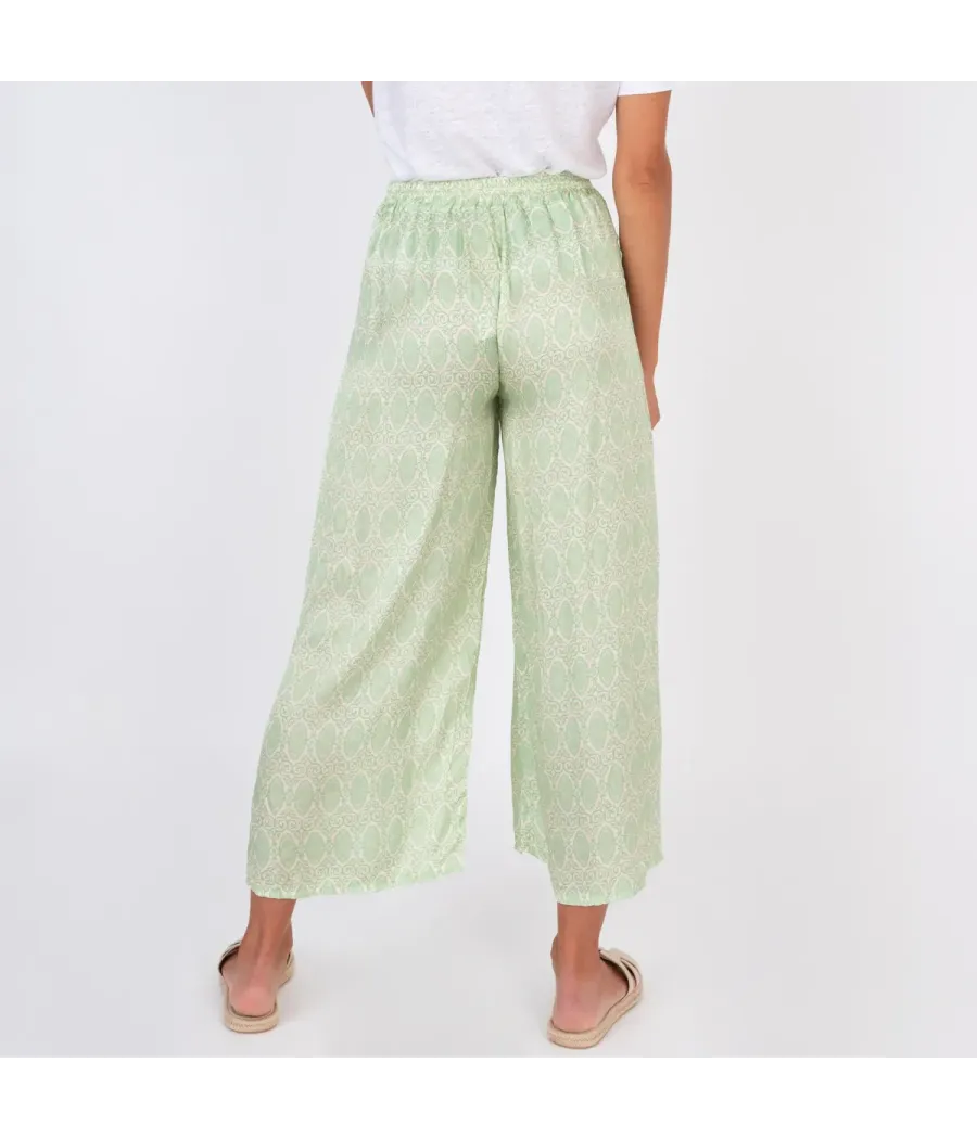 Pantalon femme satin imprimé cachemire anis | Kiwi Saint Tropez