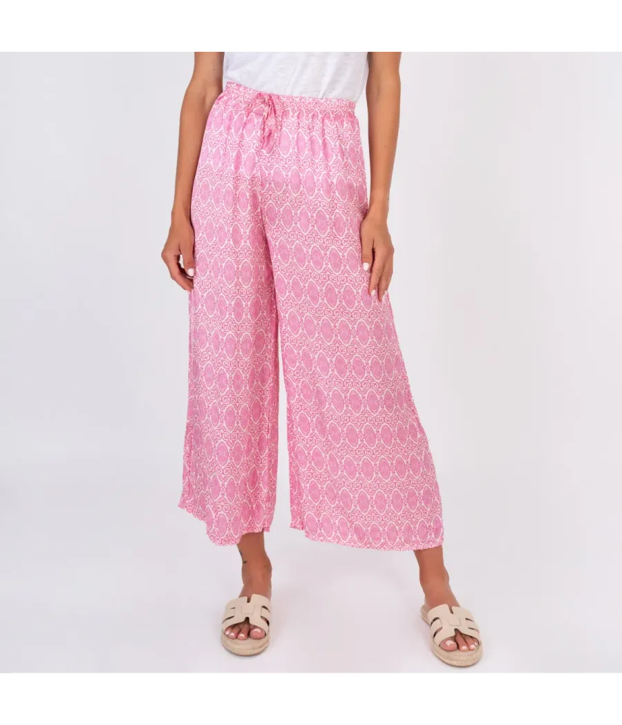 Pantalon femme satin imprimé cachemire rose - Women pants | Kiwi Saint Tropez