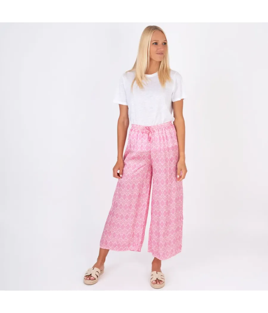 Pantalon femme satin imprimé cachemire rose | Kiwi Saint Tropez