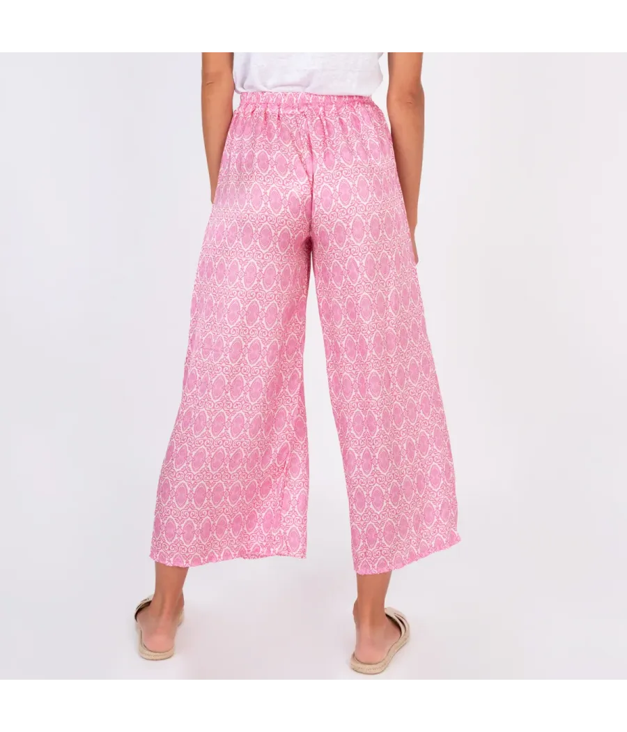 Pantalon femme satin imprimé cachemire rose | Kiwi Saint Tropez