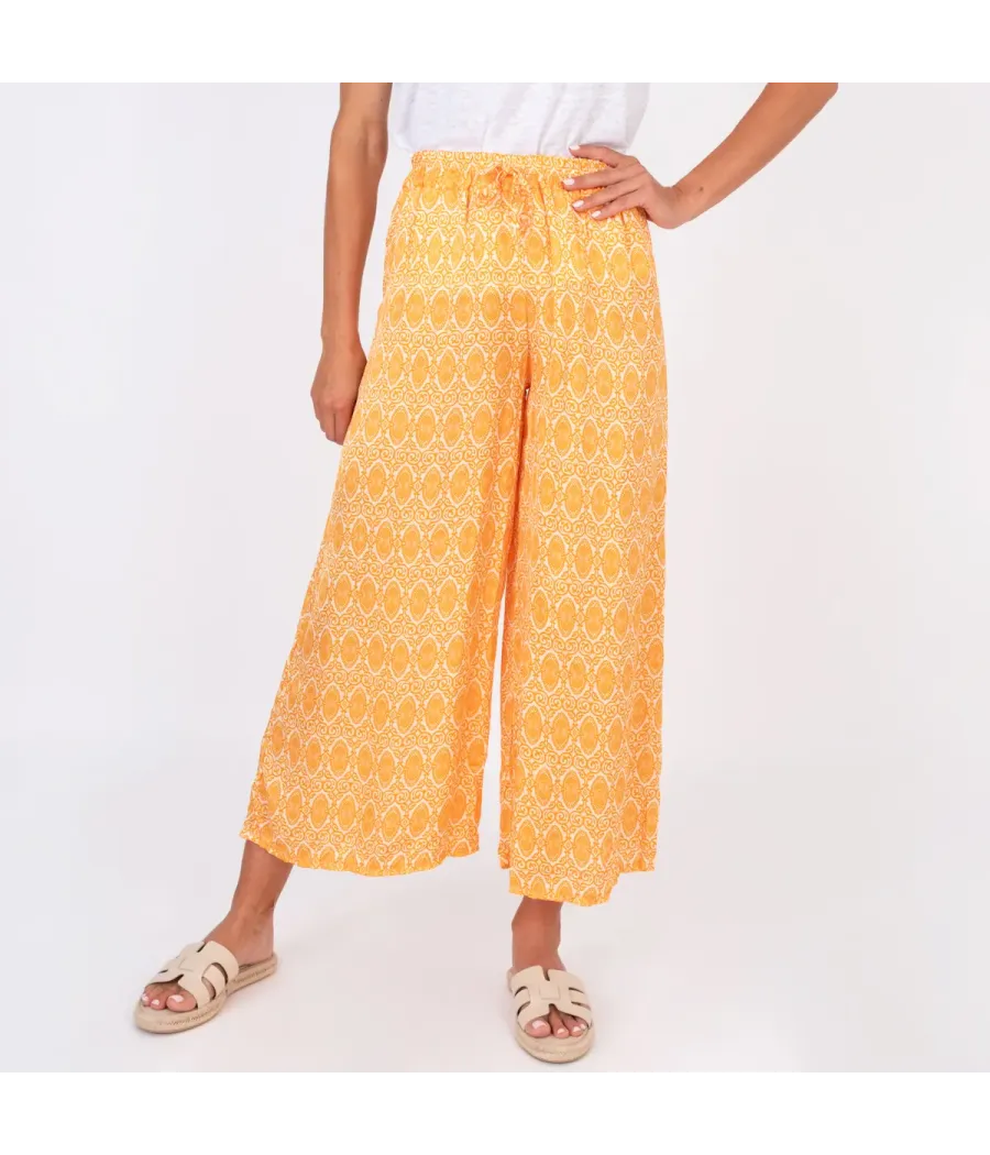 Damessatijnen broek met oranje paisleyprint - Pantalons femme | Kiwi Saint Tropez