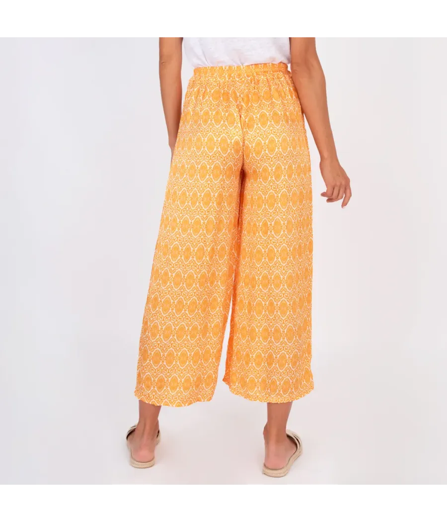 Pantalon femme satin imprimé cachemire orange | Kiwi Saint Tropez