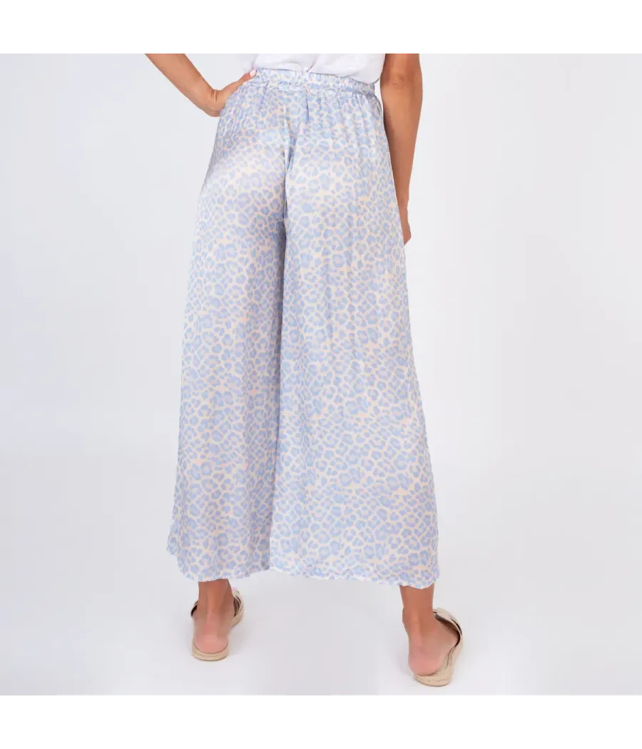 Pantalon femme satin imprimé panthère ciel | Kiwi Saint Tropez