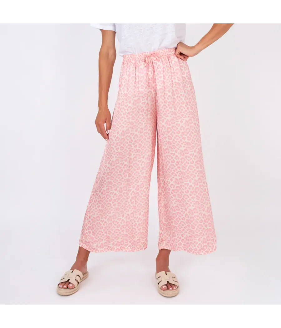 Satijnen broek met roze panterprint