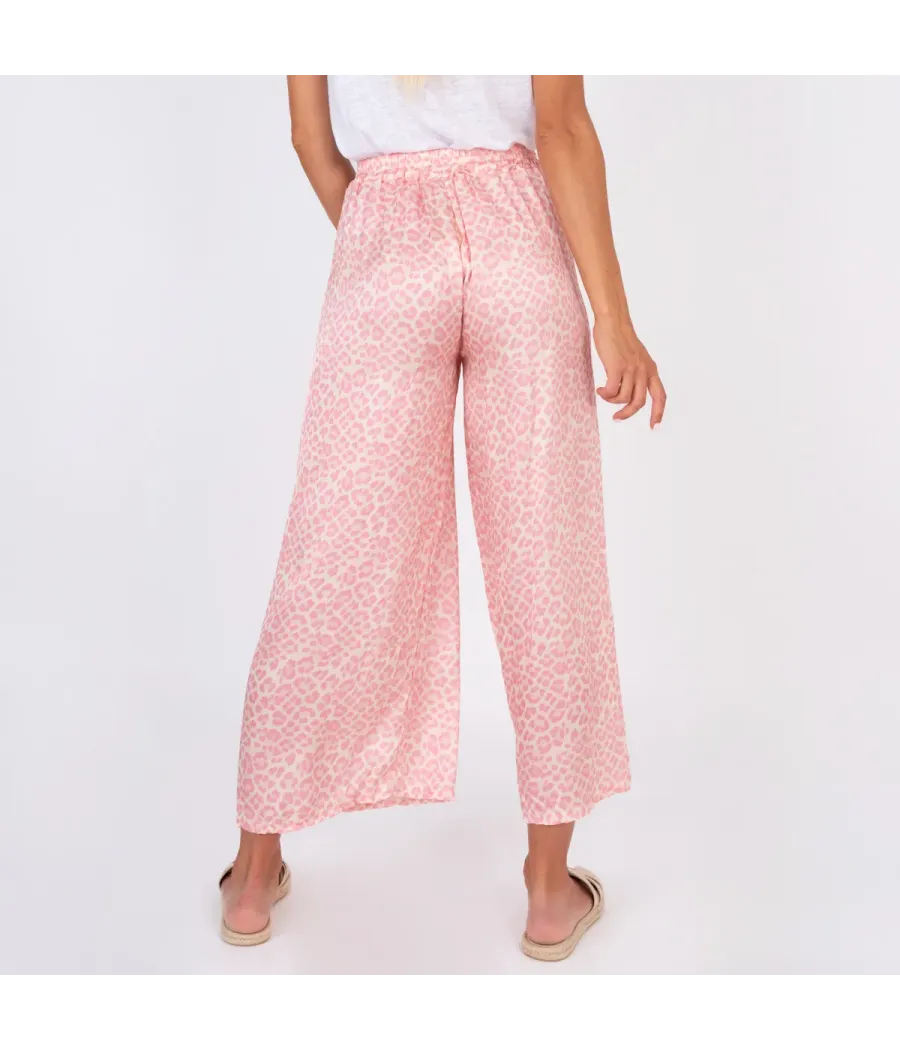 Pantalon femme satin imprimé panthère rose | Kiwi Saint Tropez