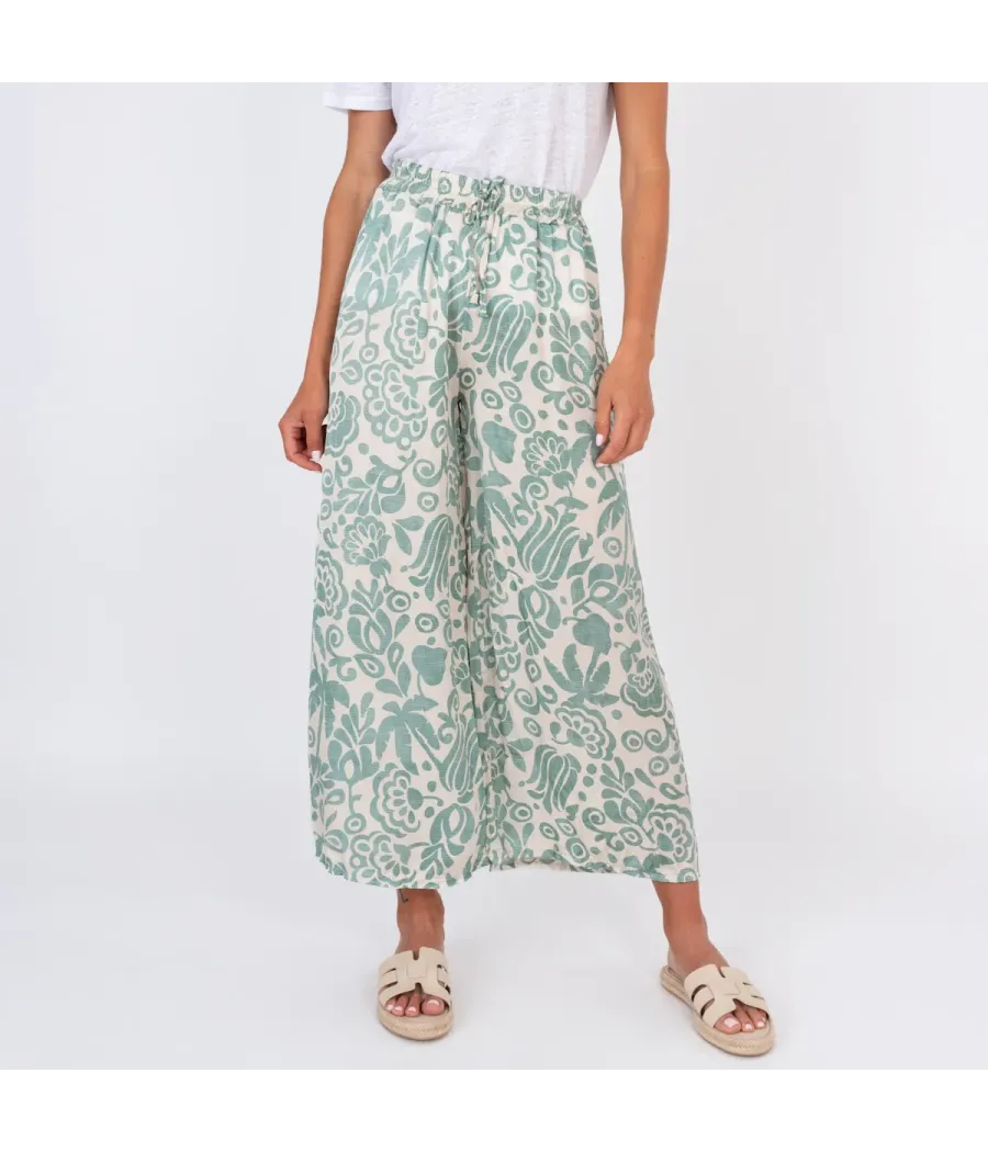 Pantalon femme satin imprimé Pivoine rivière | Kiwi Saint Tropez