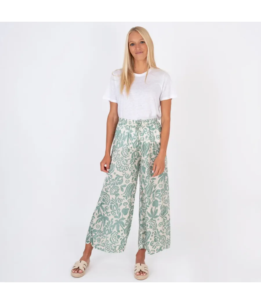 Pantalon femme satin imprimé Pivoine rivière | Kiwi Saint Tropez