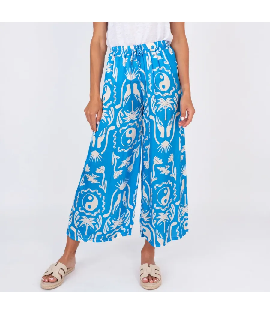 Pantalon femme satin imprimé Afrique bleu | Kiwi Saint Tropez