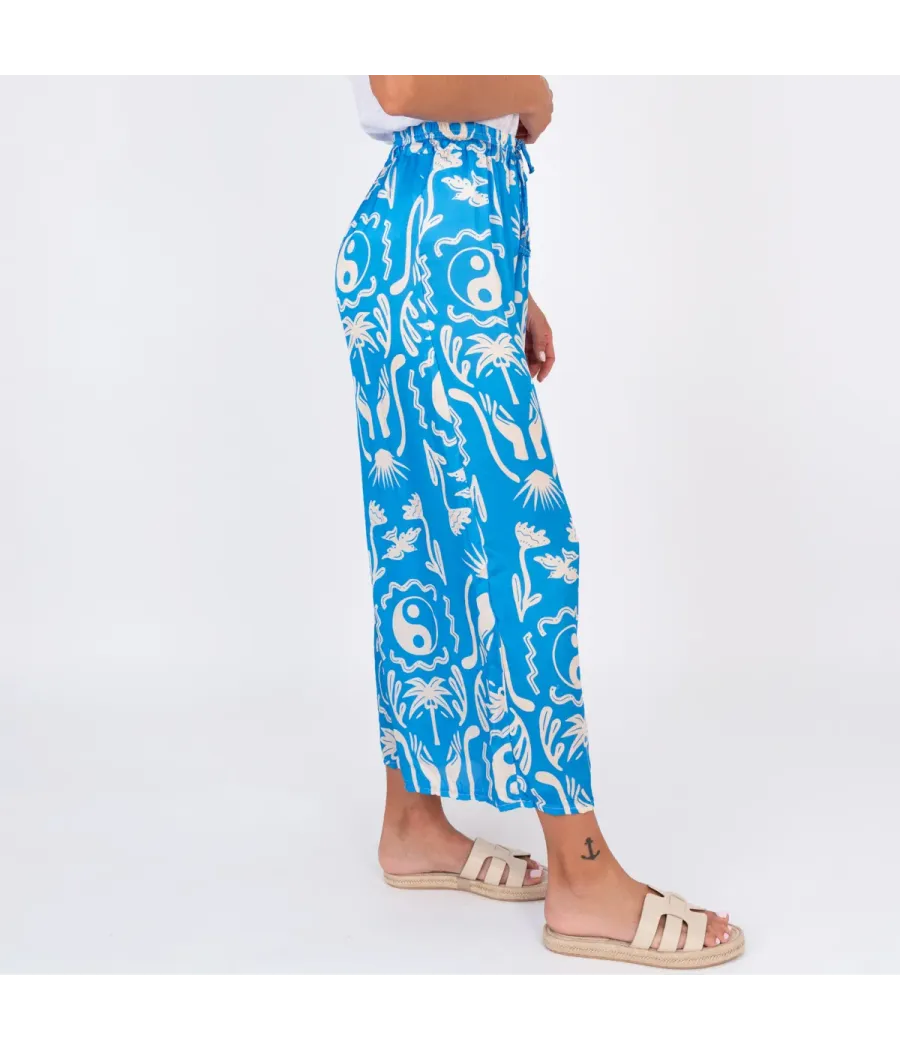 Pantalon femme satin imprimé Afrique bleu | Kiwi Saint Tropez