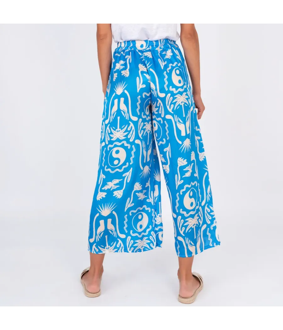 Pantalon femme satin imprimé Afrique bleu | Kiwi Saint Tropez