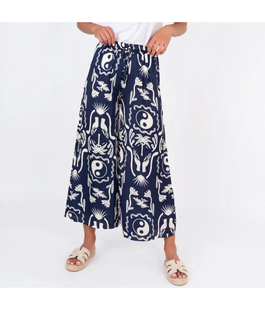 Damesbroek Afrika satijn marineprint - Pantalons femme | Kiwi Saint Tropez