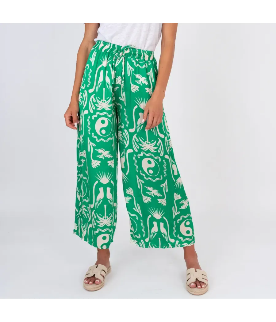 Pantalon femme satin imprimé Afrique vert | Kiwi Saint Tropez