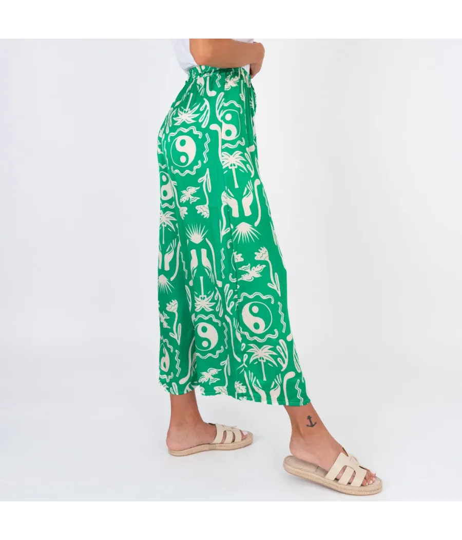 Pantalon femme satin imprimé Afrique vert | Kiwi Saint Tropez