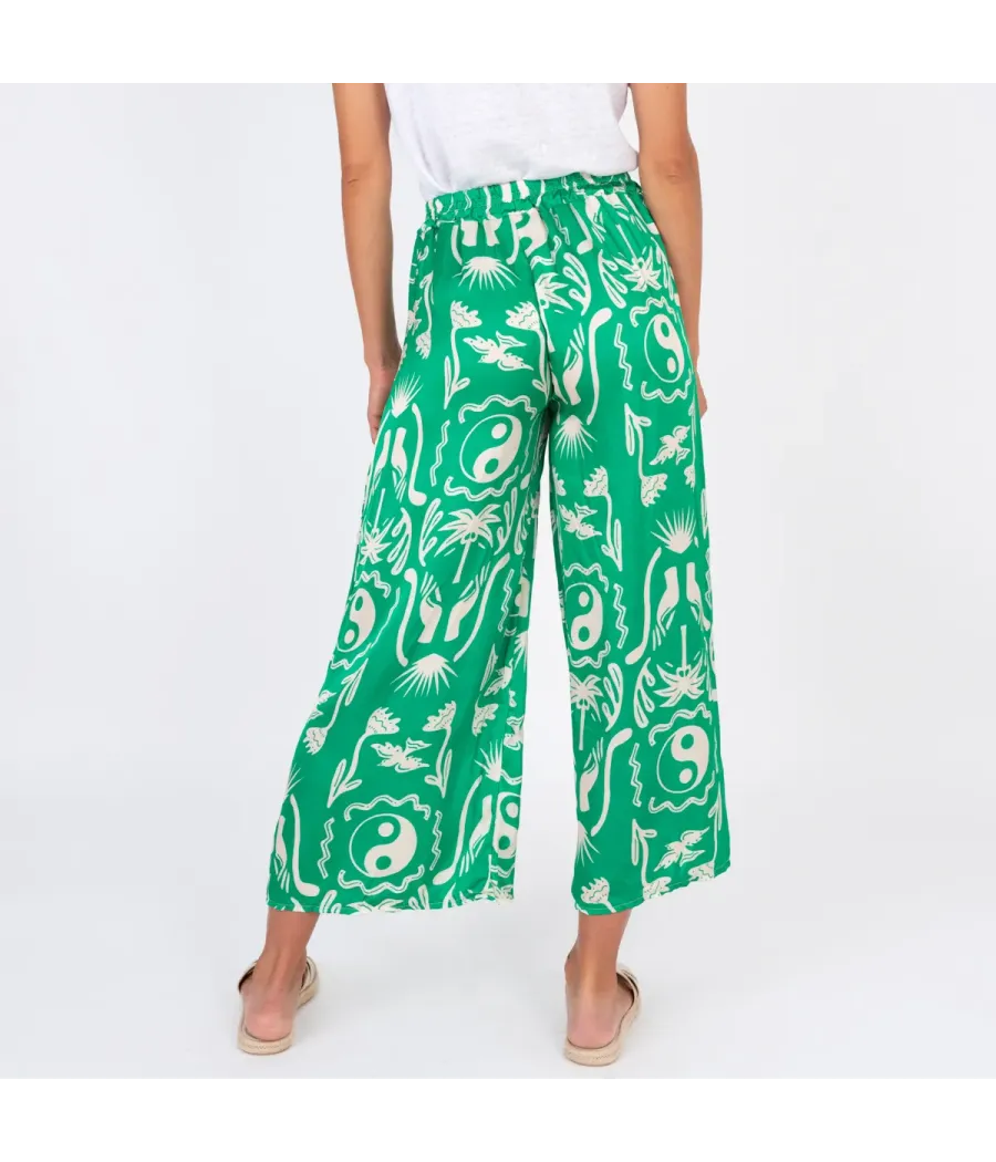 Pantalon femme satin imprimé Afrique vert | Kiwi Saint Tropez