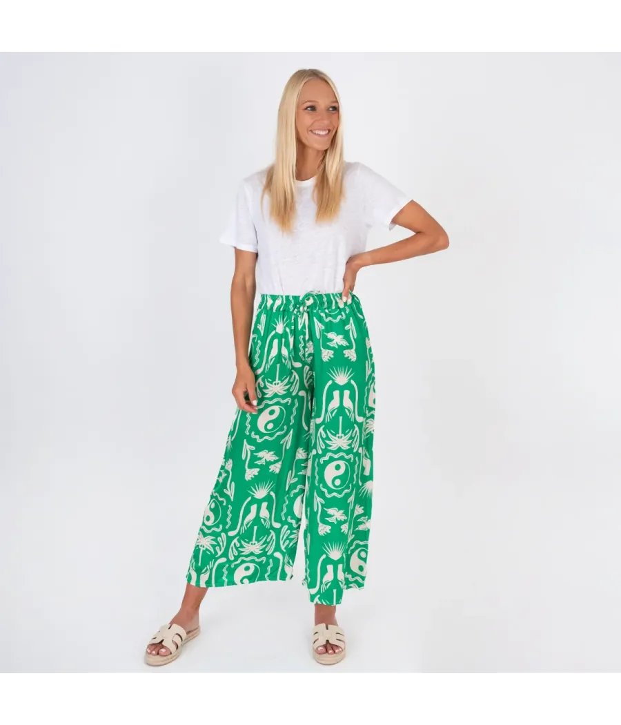 Pantalon femme satin imprimé Afrique vert - Women pants | Kiwi Saint Tropez