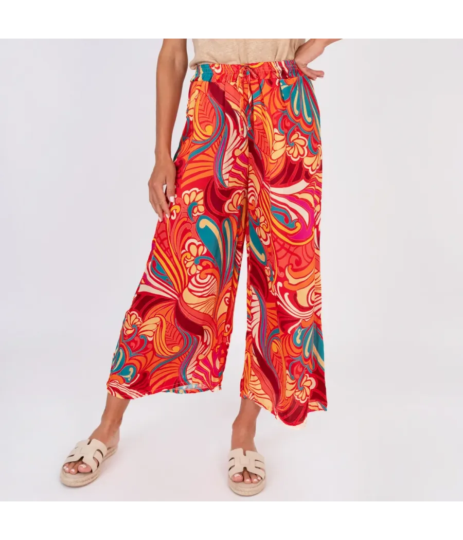 Pantalon femme satin imprimé géo rouge | Kiwi Saint Tropez