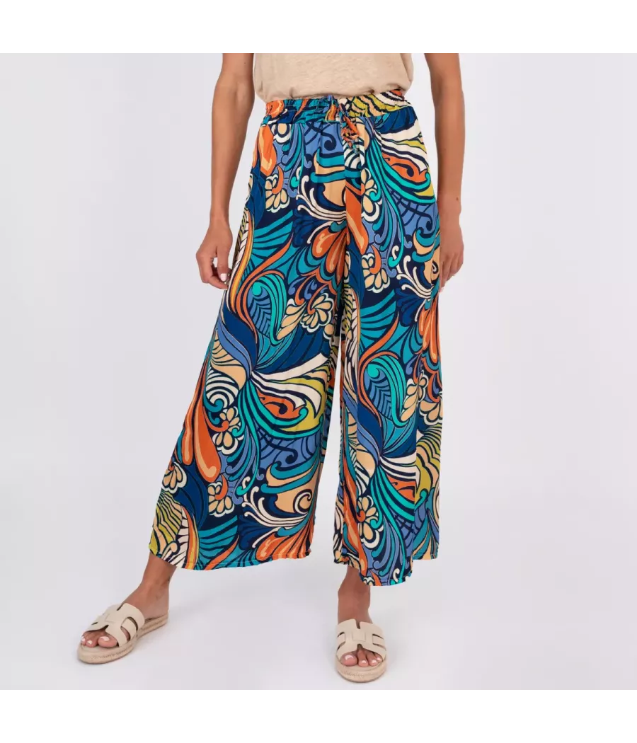 Damesbroek van satijn met marinegeoprint - Pantalons femme | Kiwi Saint Tropez