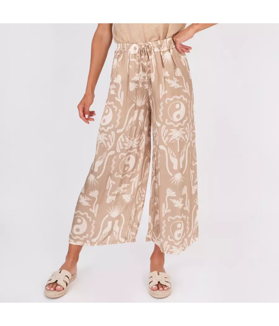 Pantalon femme satin imprimé Afrique beige