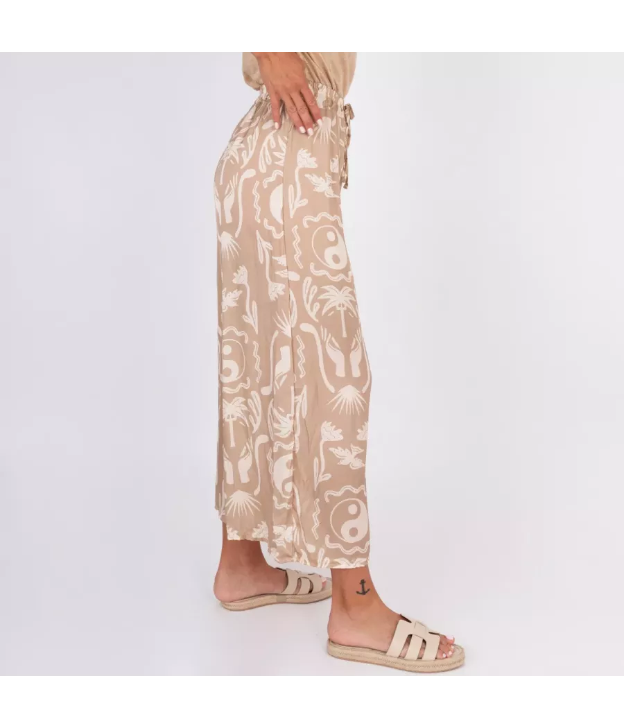 Pantalon femme satin imprimé Afrique beige | Kiwi Saint Tropez