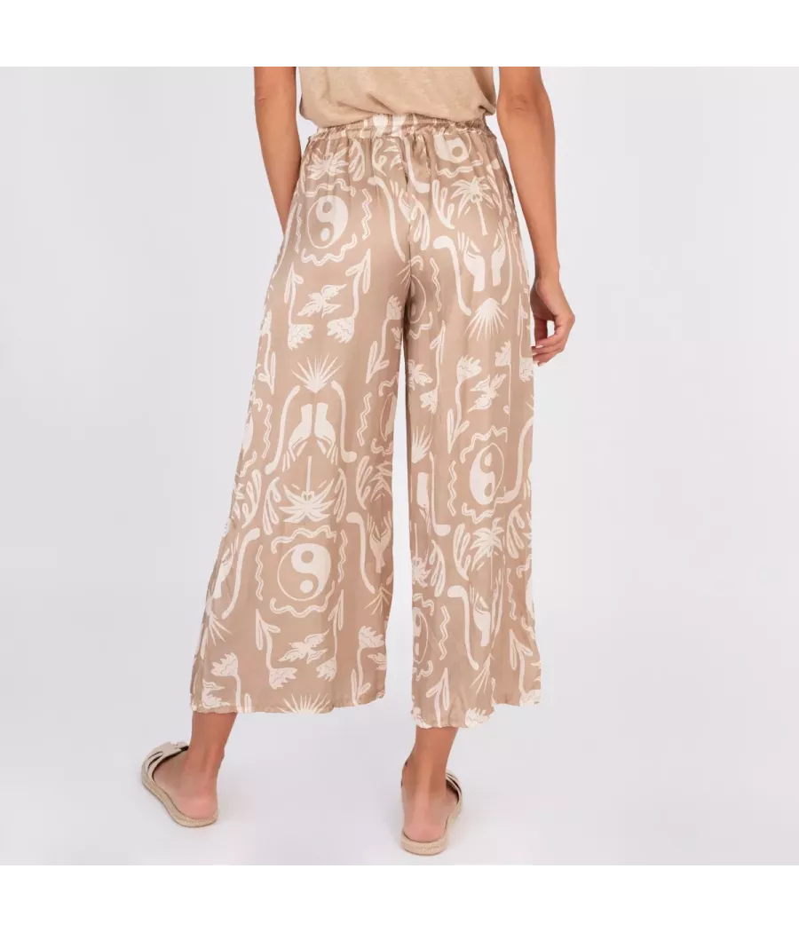 Pantalon femme satin imprimé Afrique beige | Kiwi Saint Tropez