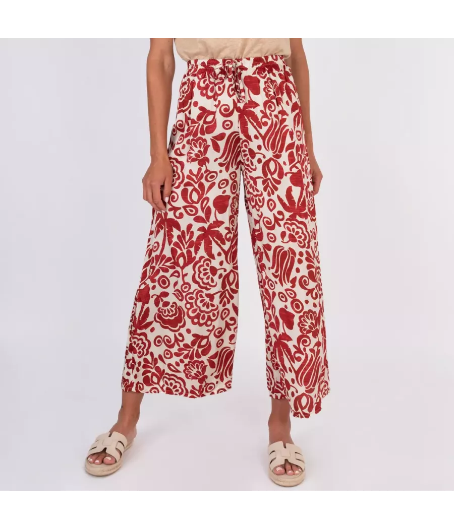 Pantalon femme satin imprimé Pivoine bordeaux | Kiwi Saint Tropez