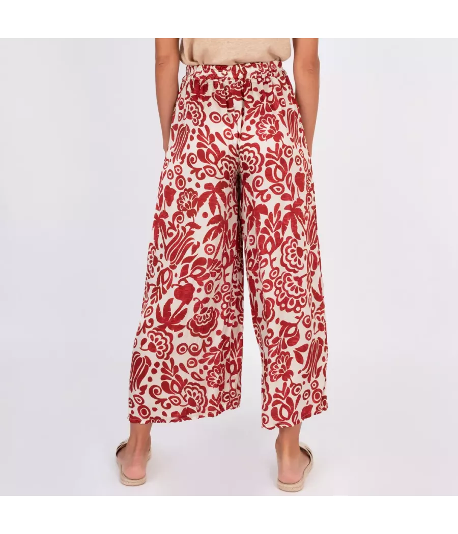 Pantalon femme satin imprimé Pivoine bordeaux | Kiwi Saint Tropez