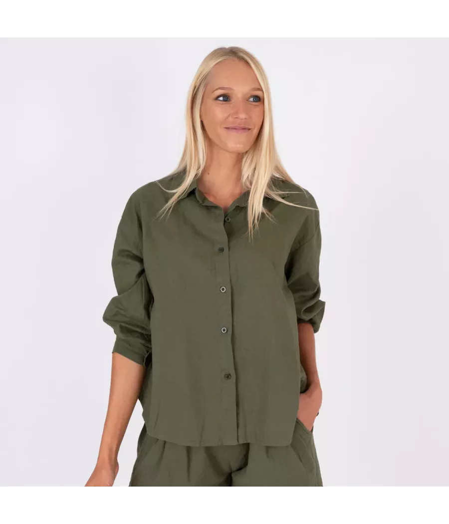 Chemise femme manches longues Besty lin mélangé kaki