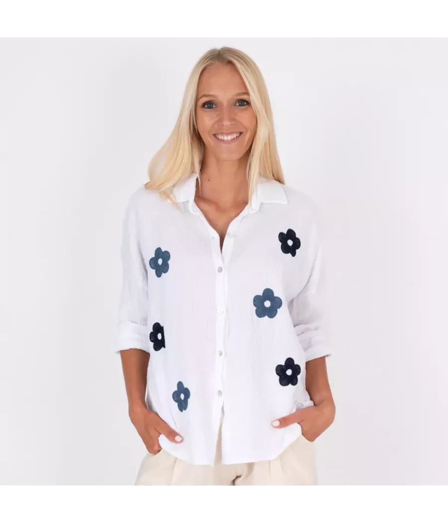 Chemise femme gaze de coton fleurs navy marine - Chemises femme | Kiwi Saint Tropez