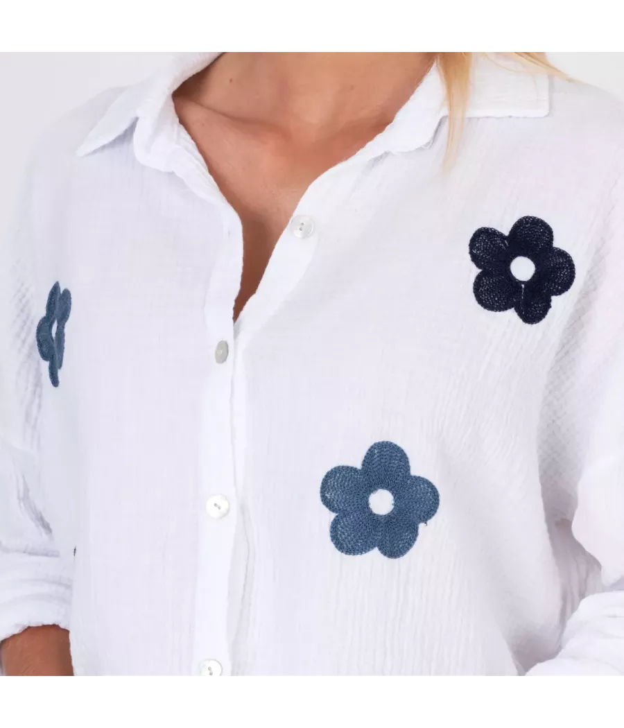 Chemise femme gaze de coton fleurs navy marine | Kiwi Saint Tropez