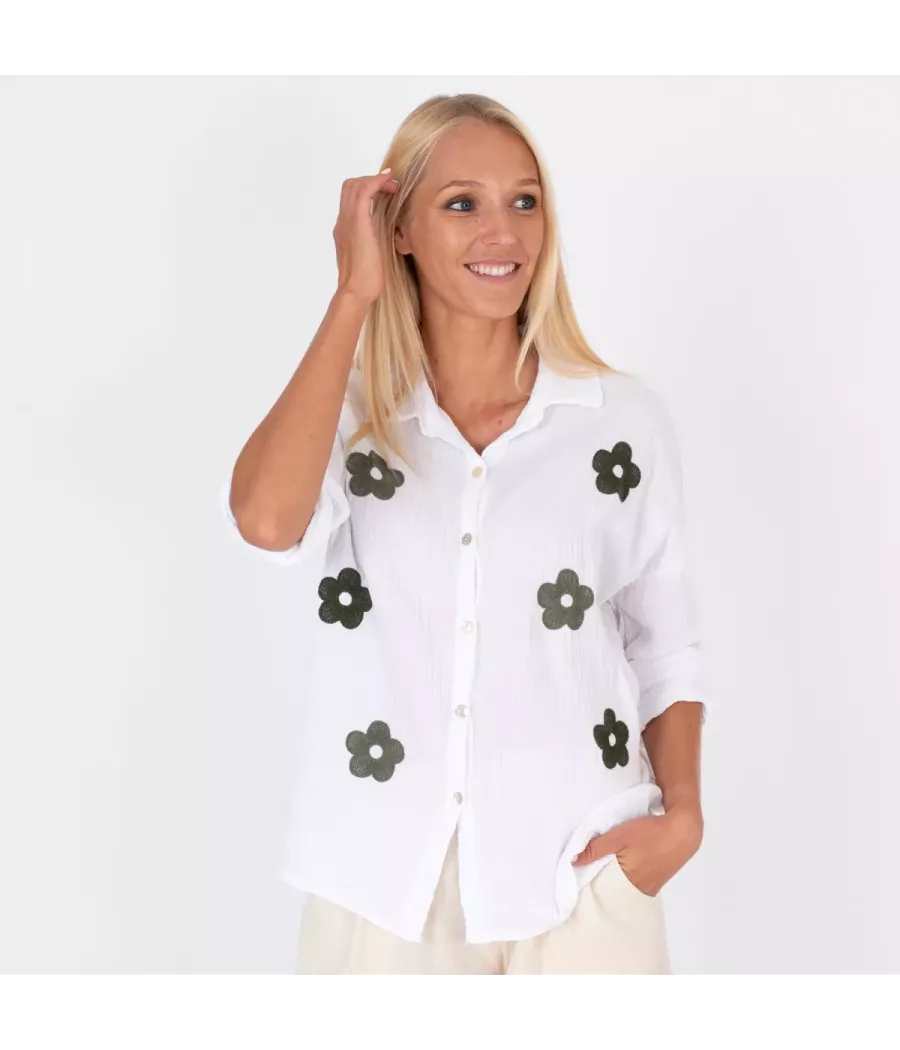 Chemise femme gaze de coton fleurs olive kaki - Shirts women  | Kiwi Saint Tropez