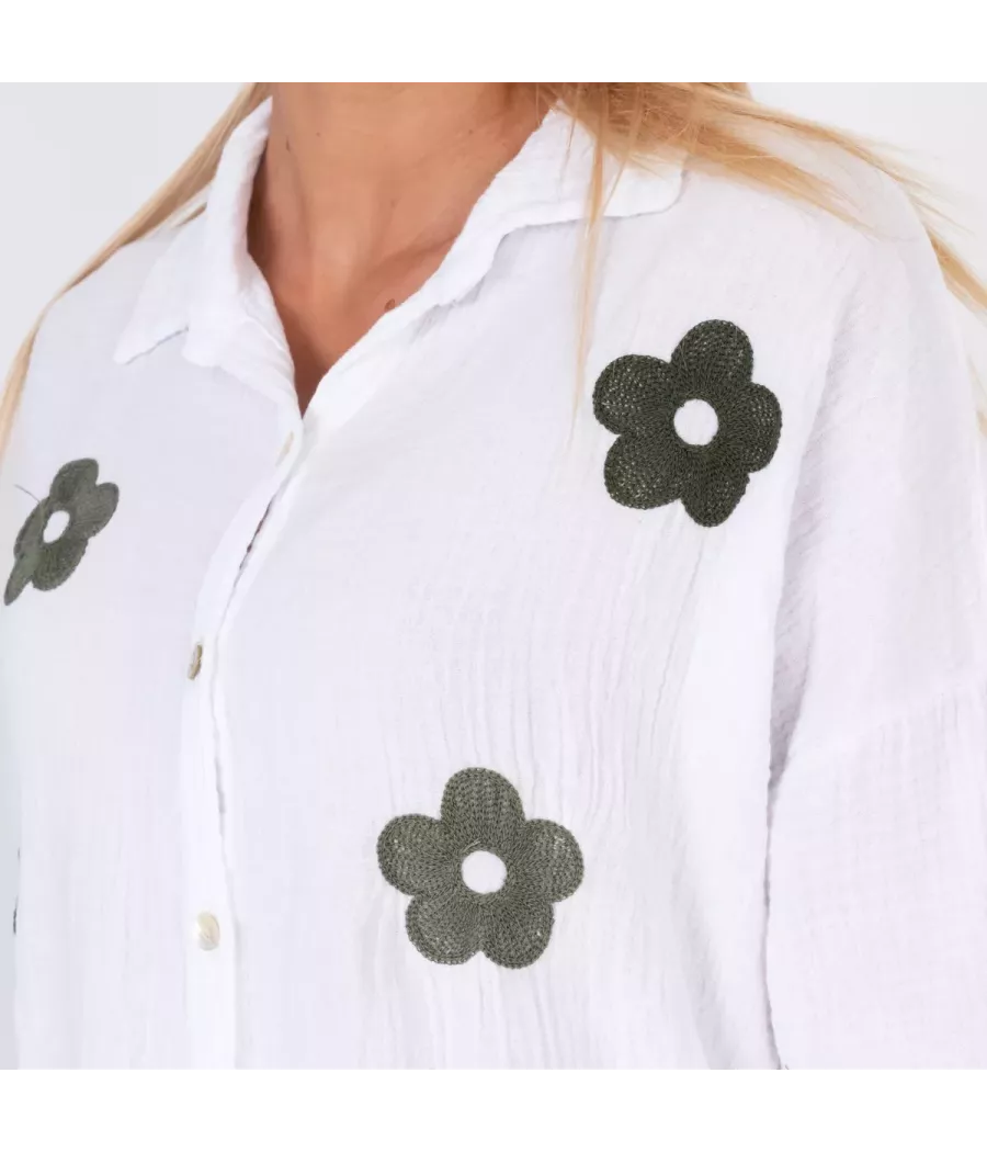 Chemise femme gaze de coton fleurs olive kaki - Shirts women  | Kiwi Saint Tropez