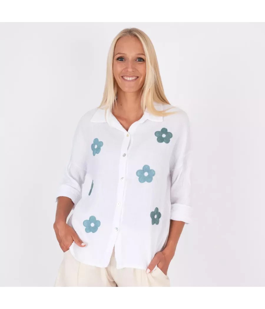 Chemise femme gaze de coton fleurs bleu vert | Kiwi Saint Tropez