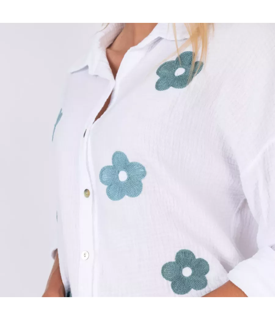 Chemise femme gaze de coton fleurs bleu vert | Kiwi Saint Tropez