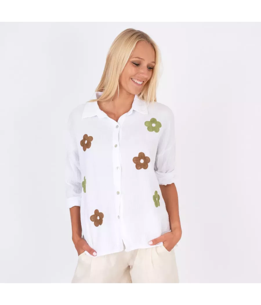 Damesshirt katoen gaas bloemen olijfbruin