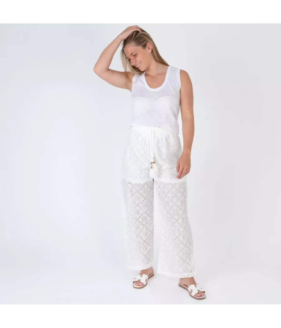 Pantalon femme broderie rosa modèle C | Kiwi Saint Tropez