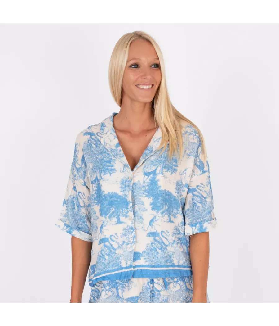 Chemise femme manches courtes imprimé jungle gaze de coton