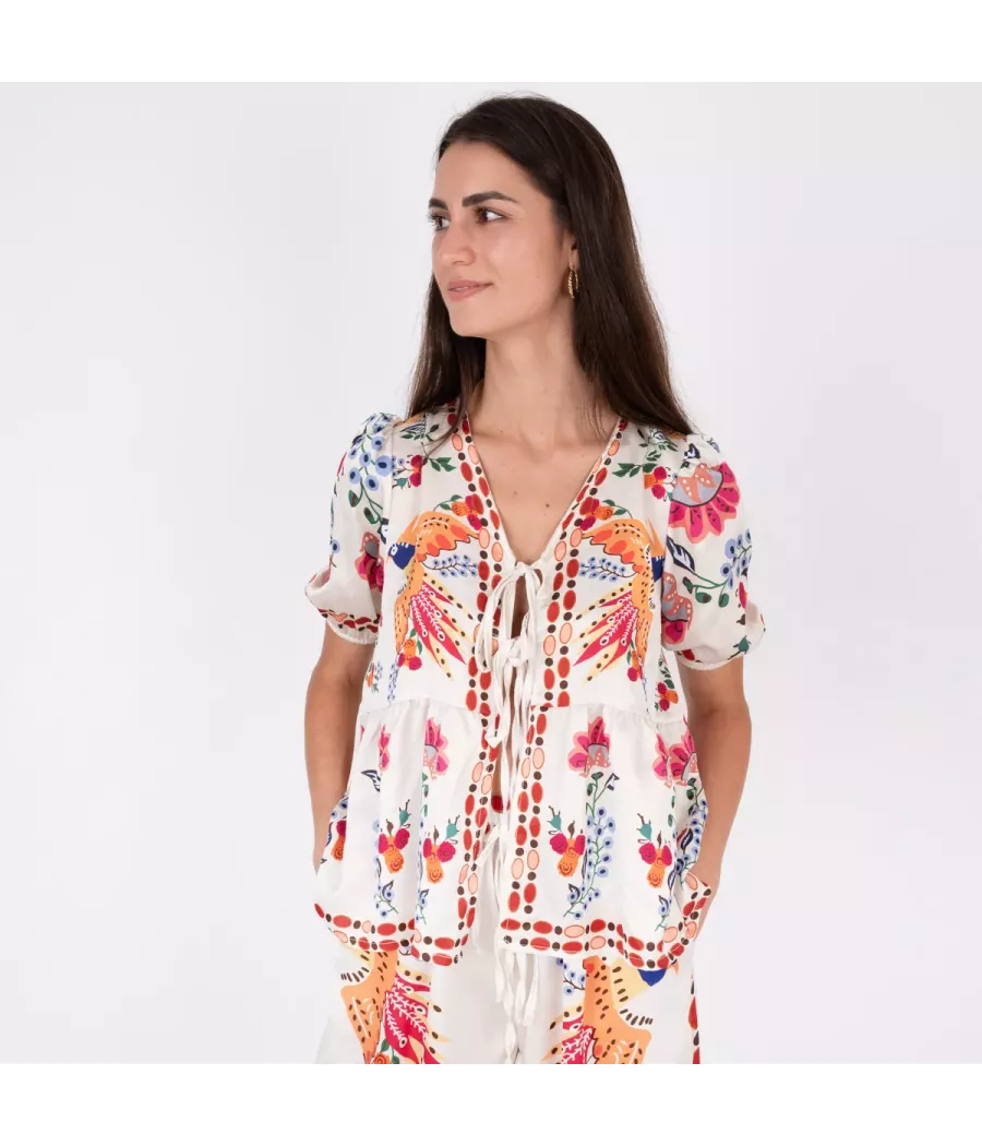 Damesstrikblouse Besty satijnprint - Chemises femme | Kiwi Saint Tropez