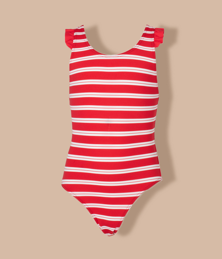 Girl's frilly Riviera red 1-piece swimming costume (Exclu web)