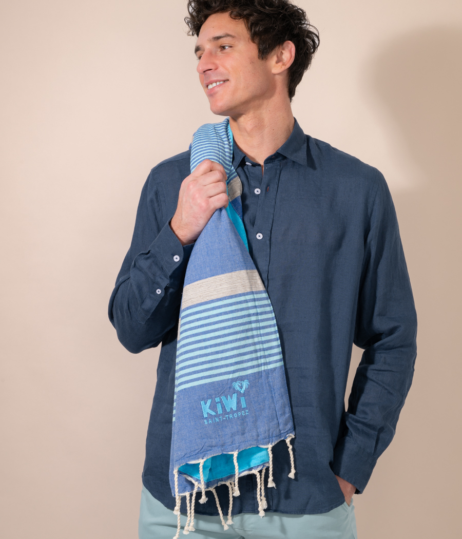 Turquoise and Denim Striped Towel Fouta - Foutas | Kiwi Saint Tropez