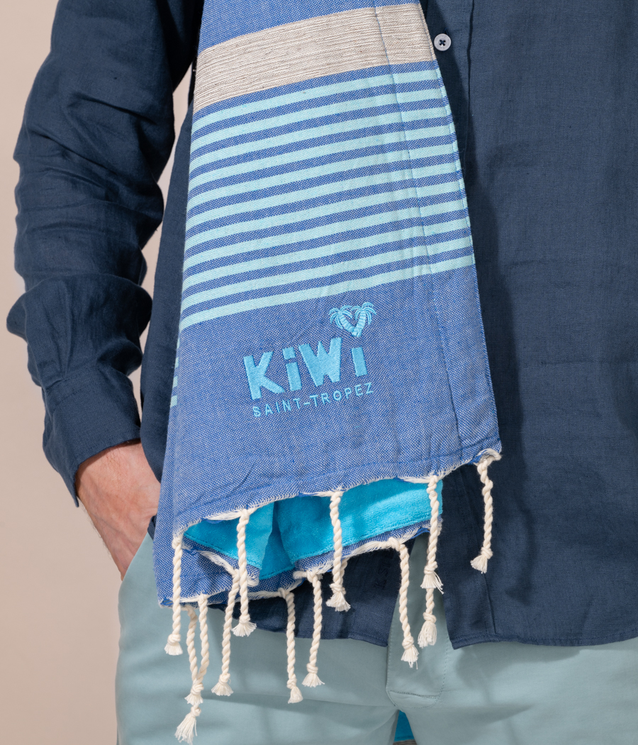 Fouta serviette rayée turquoise-jean - Foutas | Kiwi Saint Tropez